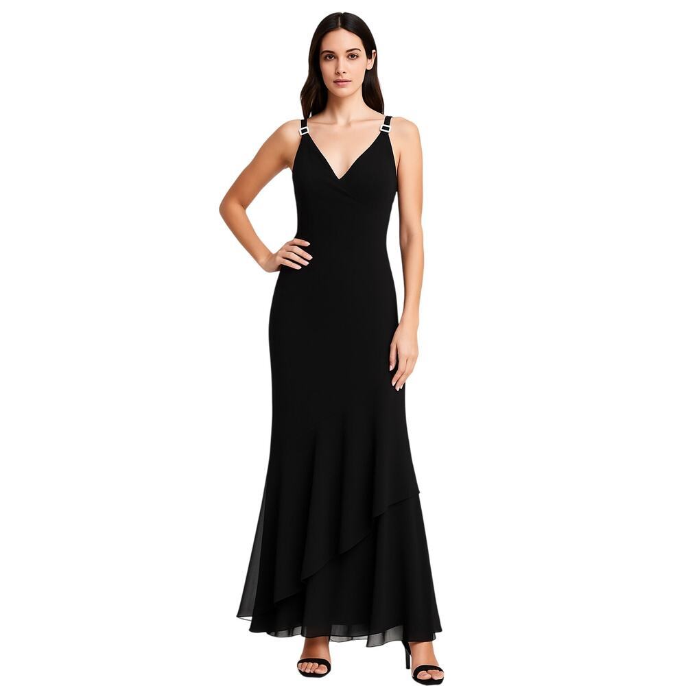 David’s Bridal Black Rhinestone-Strap Formal Gown + Matching Wrap, Size 8